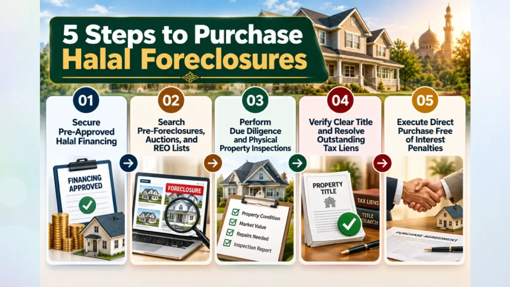 Is Buying Foreclosures Shariah Compliant? A Deep Dive for Muslim Investors 4 5 steps to purchase halal foreclosures infographic