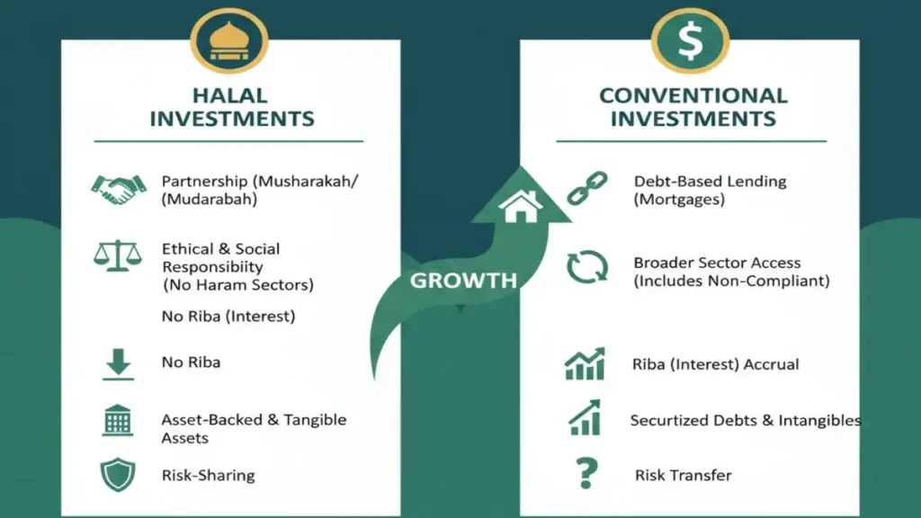 Difference Between Halal and Conventional Real Estate Investments – Key Principles and Practical Examples 1 key differences Halal vs conventional investing
