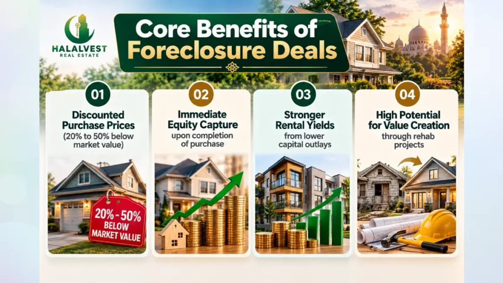 Is Buying Foreclosures Shariah Compliant? A Deep Dive for Muslim Investors 6 Core benefits of foreclosure real estate deals infographic