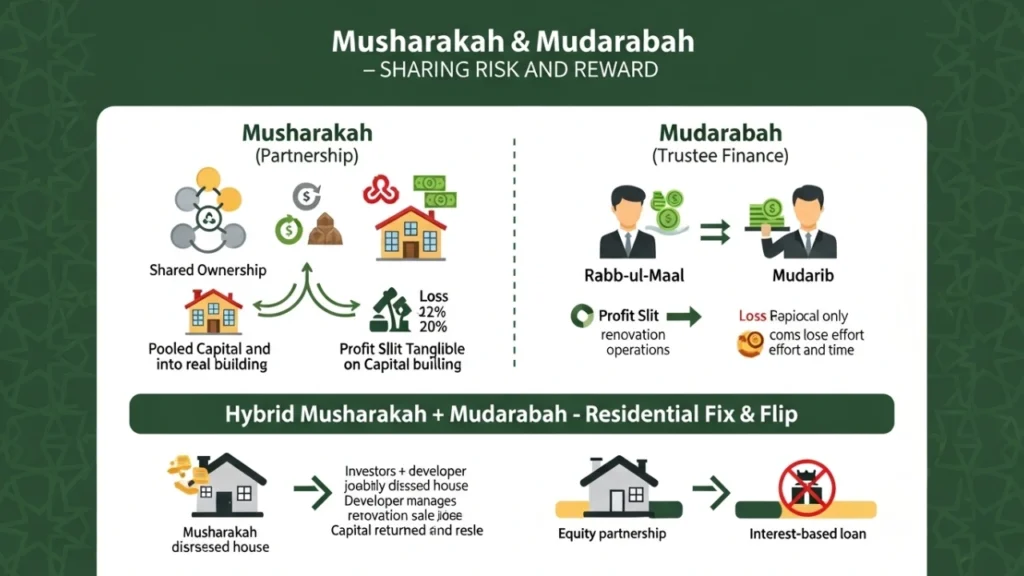 Halal Investment Structures Explained – Murabaha, Musharakah, Ijara, and REIT 2 sharing the risk, sharing the reward