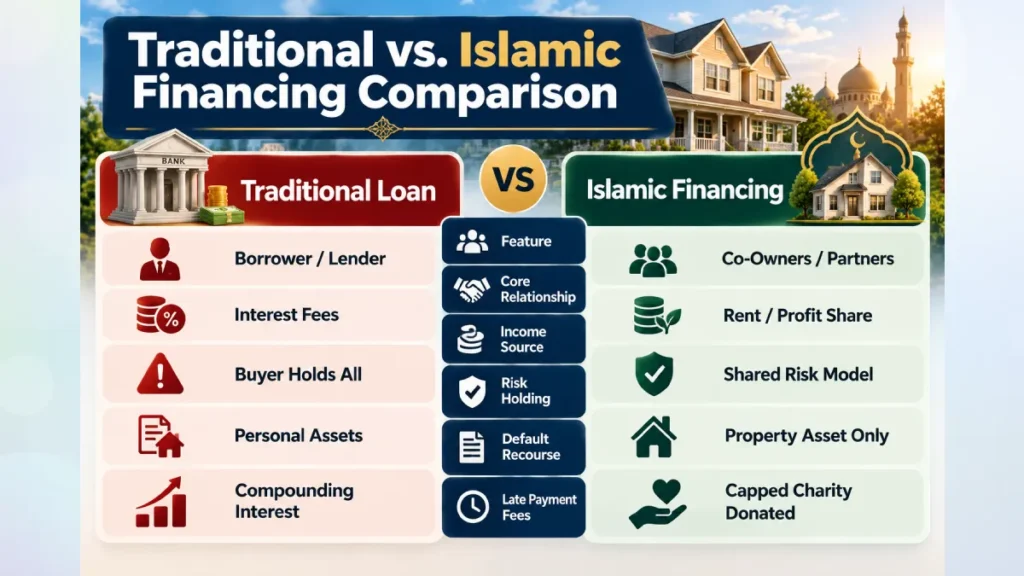 Is Buying Foreclosures Shariah Compliant? A Deep Dive for Muslim Investors 3 Traditional vs Islamic financing comparison infographic